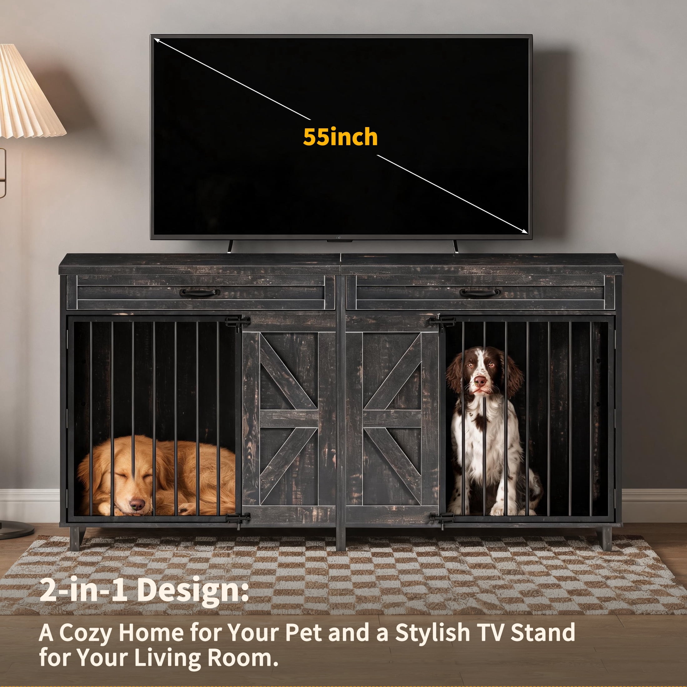 71" Wooden Dog Crate Furniture with Storage Top, Large Dog Cage for Home