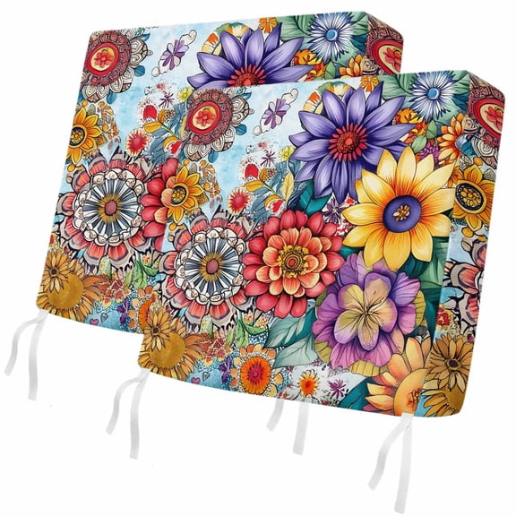 Outdoor Patio Cushion Covers 2 Pack Boho Floral Chair Cushion Seat Pads with Ties & Zipper Waterproof Seat Cover Colorful Bohemia Flowers Chair Slipcovers for Outdoor Furniture Couch Sofa 20x18 Inch