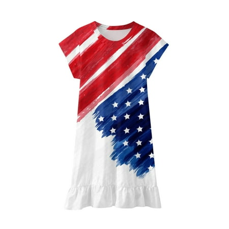 

ZCFZJW Summer Short Sleeve Toddler Kids Baby Girls Independence Day Holiday Dress Trendy Summer Tie Dye Striped Stars USA Flag Pattern Graphic Tshirt Dress Beach Sundresses #01-Red 8-9Years