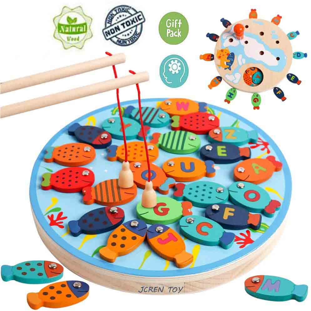 Lewo 30 PCS Magnetic Fishing Game Toddler Wooden Toys Preschool Alphabet Fish 