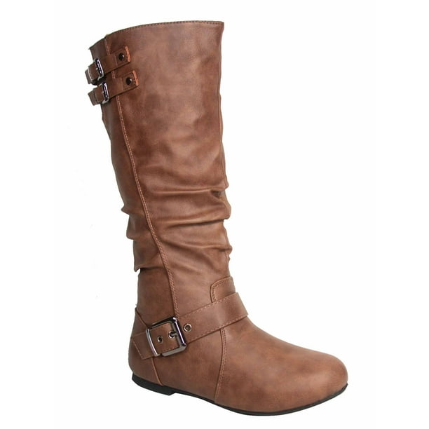 Women's Round Toe Low Flat Heel Buckle Slouchy Zip Boots - Walmart.com