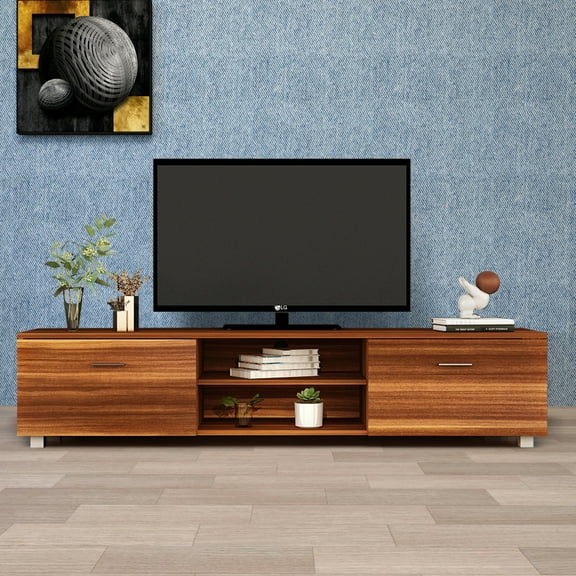 Home TV Stand for TVs up to 70 inch, TV Cabinet with Double Door and 2 Open Shelves, Walnut, D4643