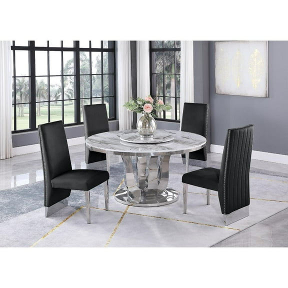 6pc. White Marble Dining Set with Lazy Susan and Silver Stainless Steel