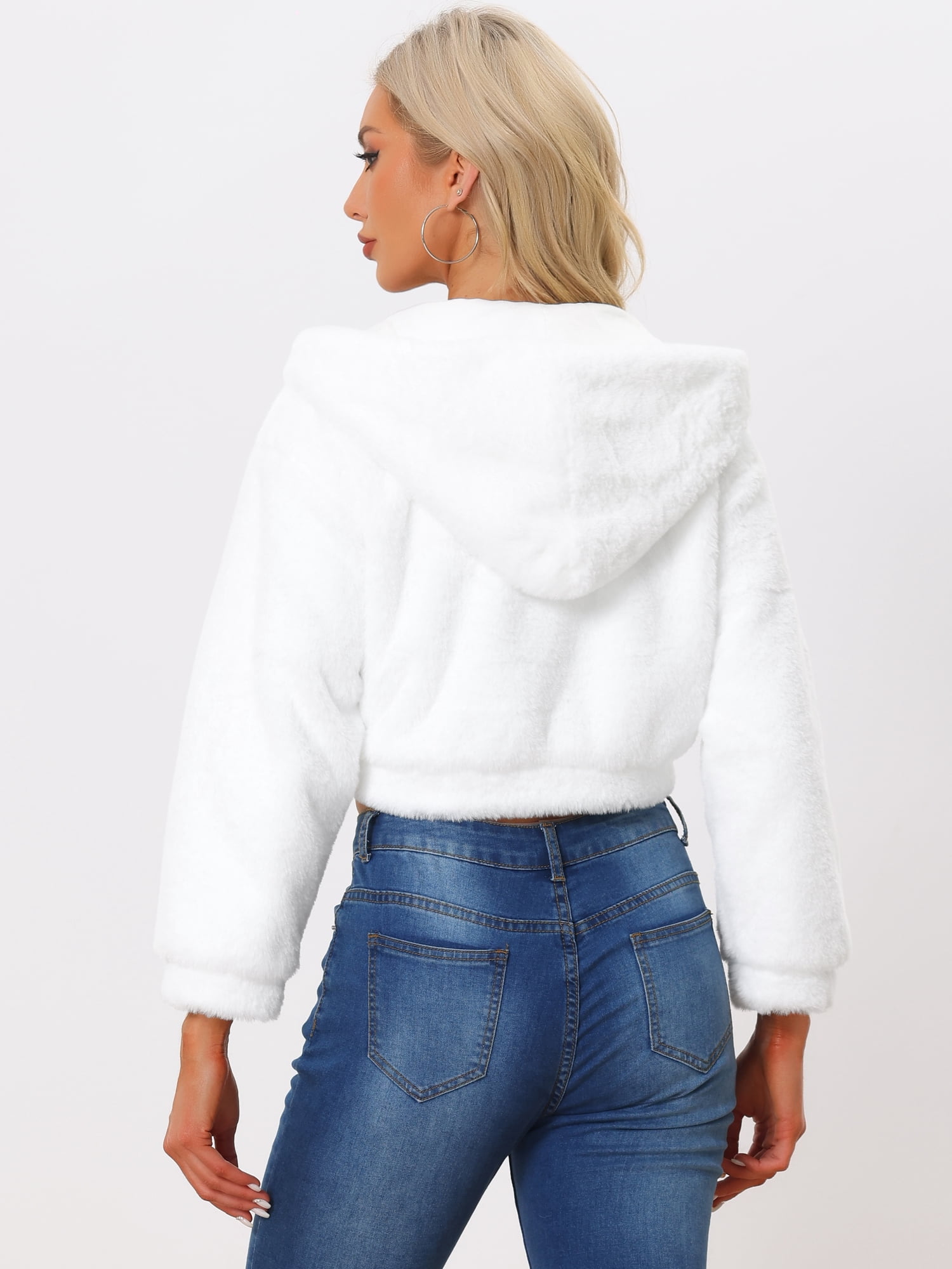 DARING DIVA Women's Faux Fur Zip Up Casual Fuzzy Hooded Crop Jacket XL White