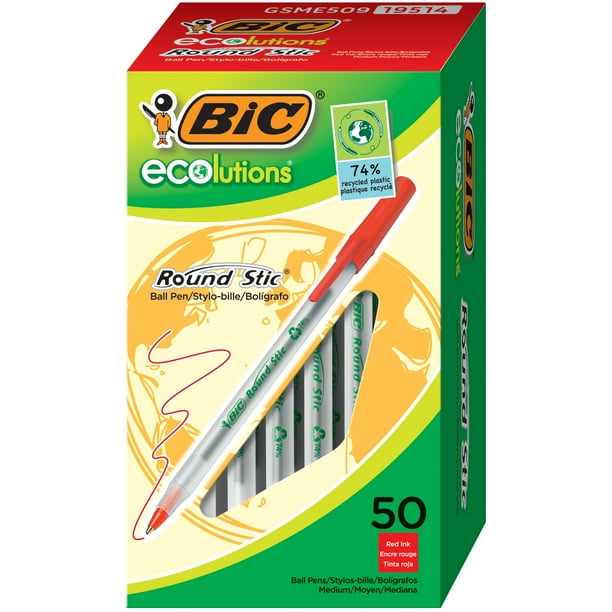 BIC Ecolutions Round Stic Ballpoint Pen, Medium Point (1.0 mm), Red, 50