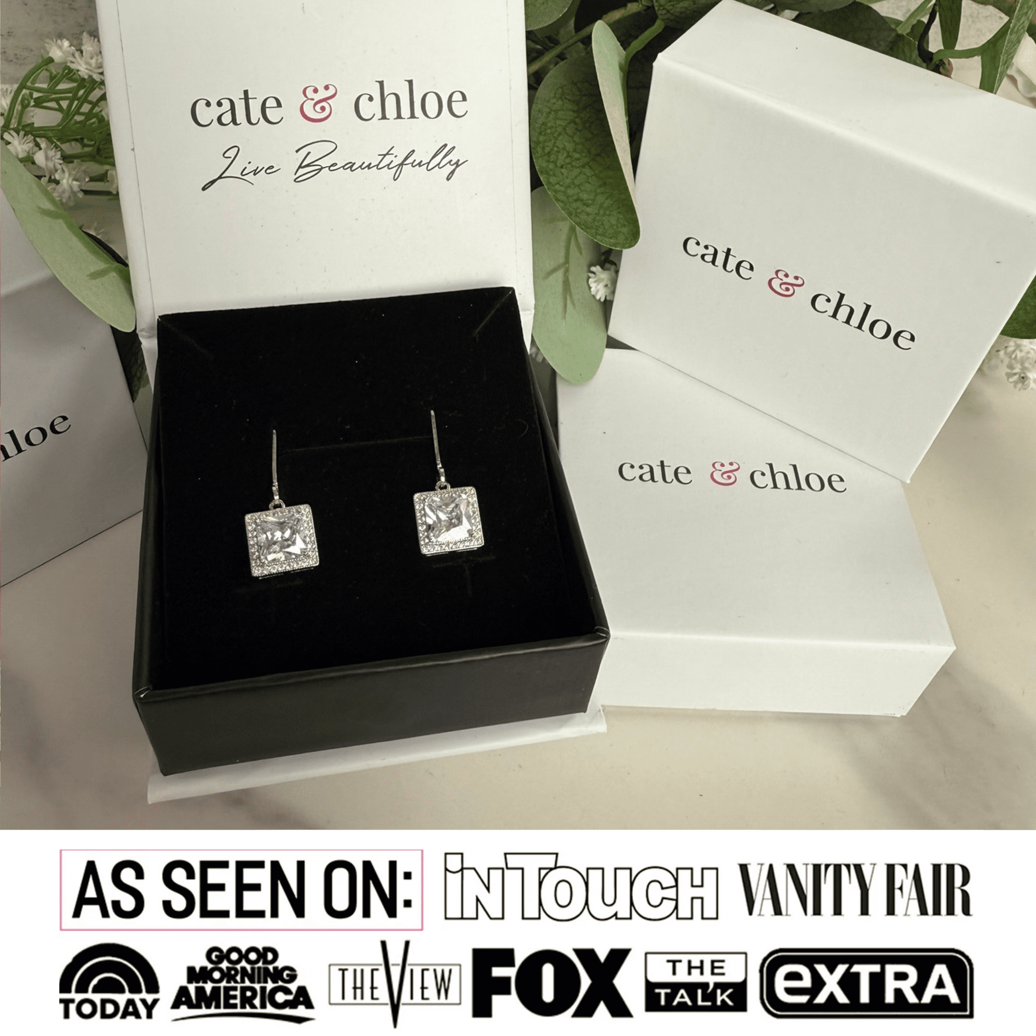 Cate & Chloe Maeve 18k White Gold Plated Drop Dangle Halo Earrings with Simulated Diamonds for Women