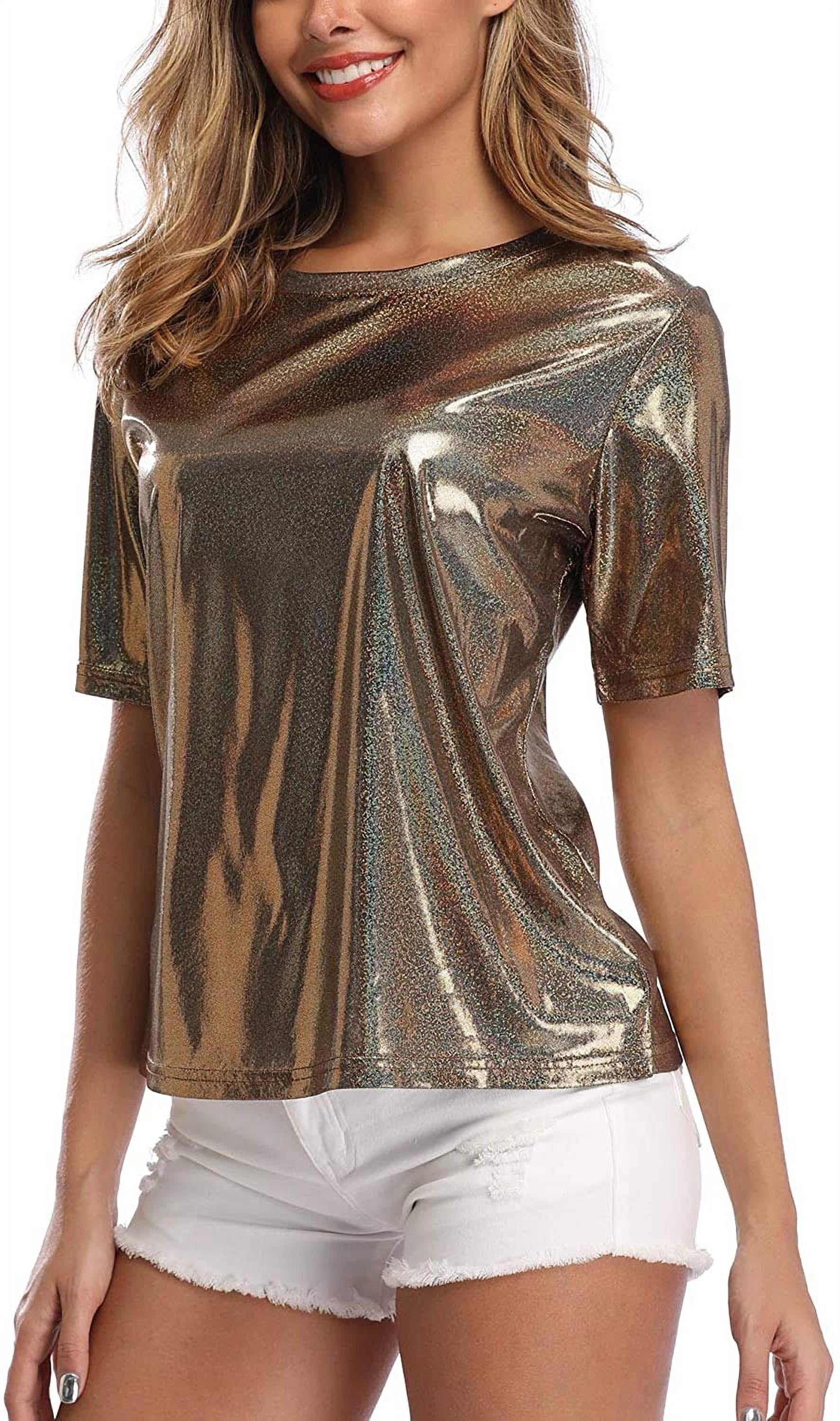 Dilgul Women's Shiny Tops Holographic Metallic Shirts Sparkles ...