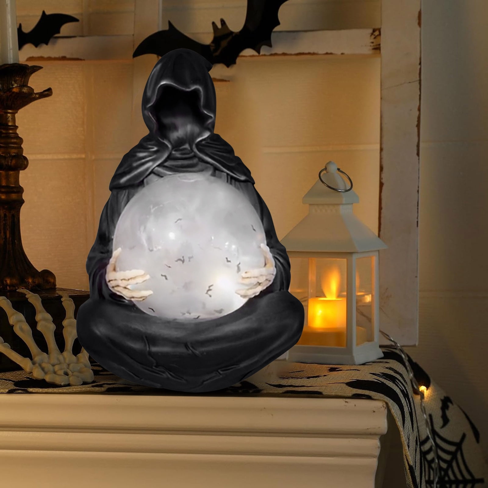 Sensenmann Statue Mit Kristallkugel - Gothic Deko Mit Schwebenden Fledermäusen