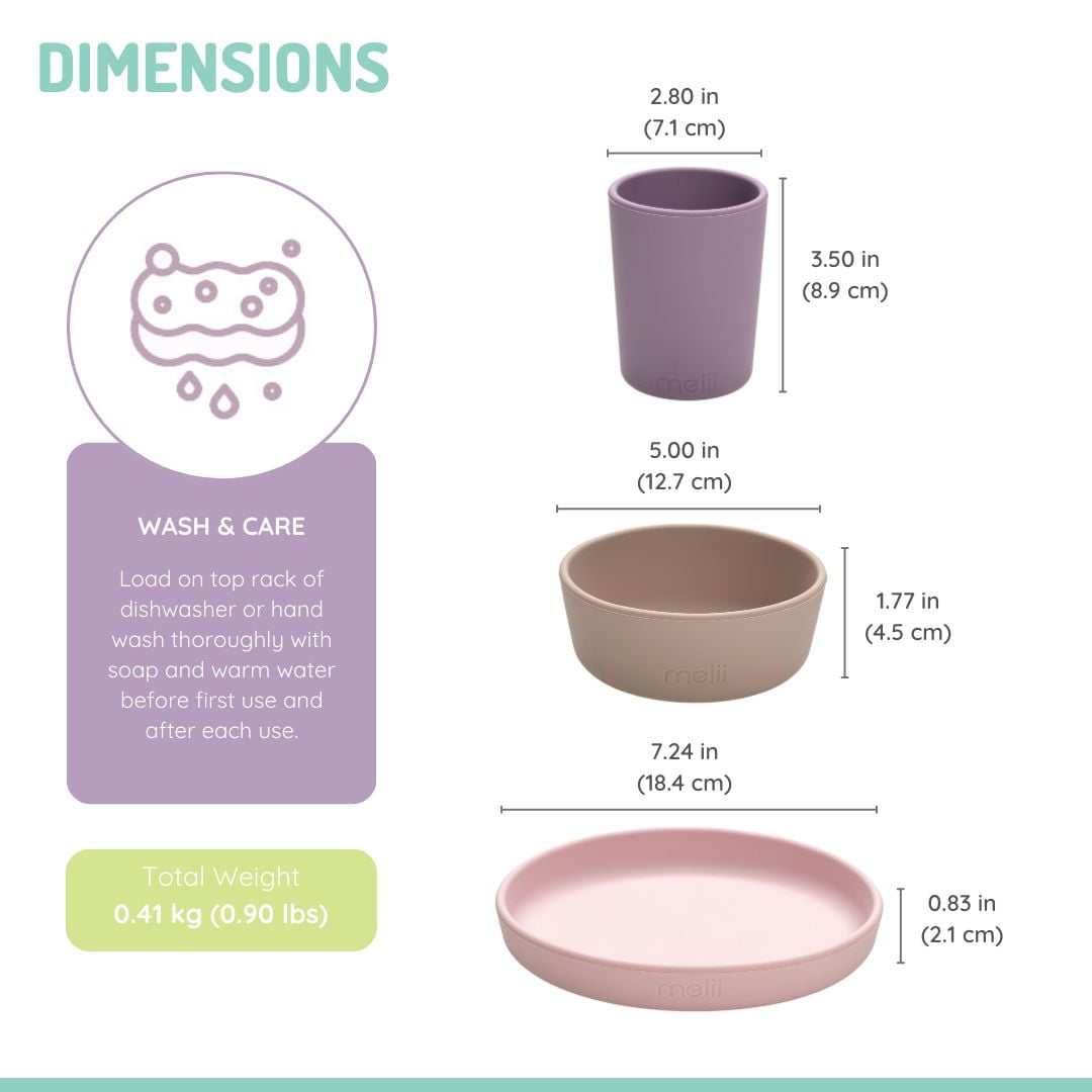 Ensemble repas 3 pièces en silicone 100 % - Assiette, bol, gobelet - Adapté pour le lave-vaisselle et le micro-ondes. À partir de 6 mois et plus