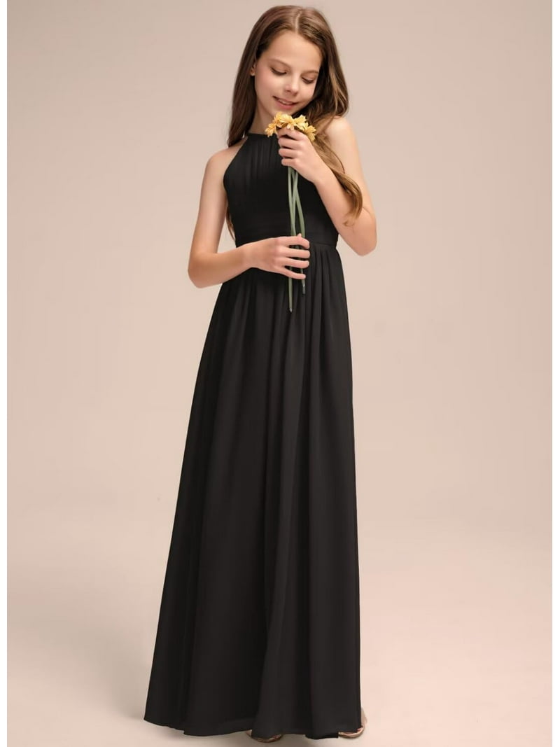 Drtj 2-16t Teen Junior Girls Bridesmaid Dress Flower Girl Dresses with Pleated A-Line Halter Floor-Length Chiffon