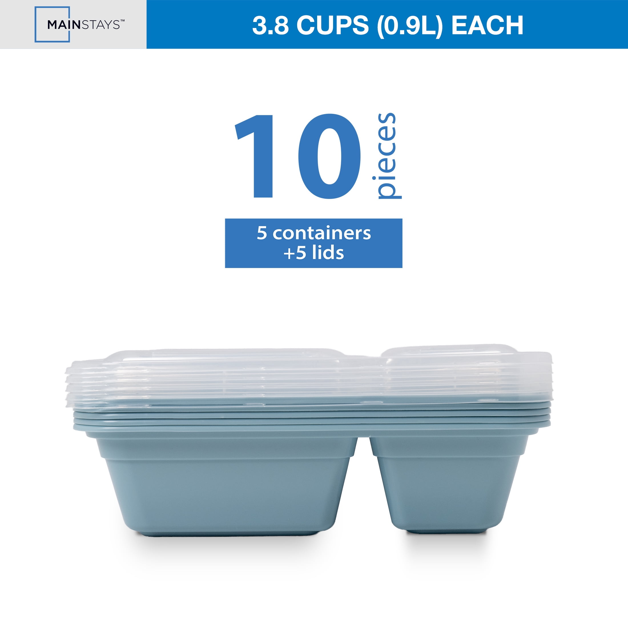 Mainstays 5-Pack 2-Compartment BPA-Free Plastic Meal Prep Food Storage Containers, 0.9L, Blue Cameo