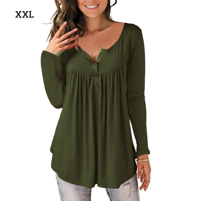 Camisa de mujer Botón plisado Blusa suelta Camiseta de manga larga Top, Verde militar, XXL Speravity AP000668-07