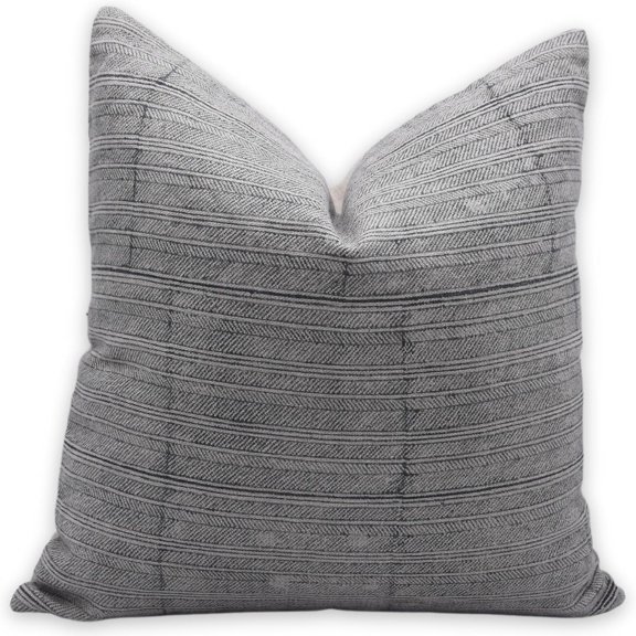 Fabdivine Block Print Throw Pillow Cover, 22x22 Inch Thick Linen Handmade Cushion Cover, Floral Print Boho Design Black Pillow Cover for Sofa and Couch