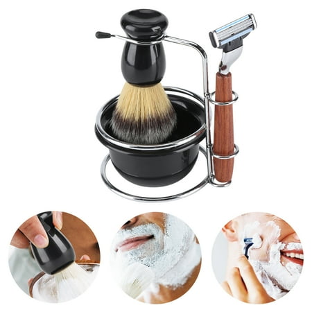 4Pcs Shaving Kit Manual Razor + Stainess Steel Stand Holder + Brush + Bowl Set, Shaving Razor Set, Shaving Bowl