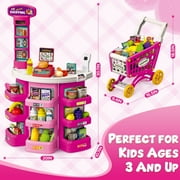 Supermarket Playset for Kids with Shopping Cart,76 Pices Pink, Pretend Play Grocery Store for Toddler +3 Year, Mundo Toys