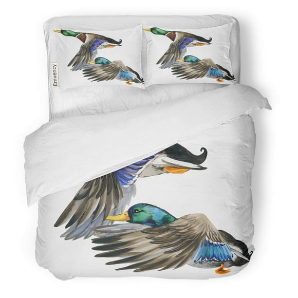RYLABLUE 3 Piece Bedding Set Brown Bird Wild Duck Mallard Watercolor Hunting Season Colorful Twin Size Duvet Cover with 2 Pillowcase for Home Bedding Room Decoration