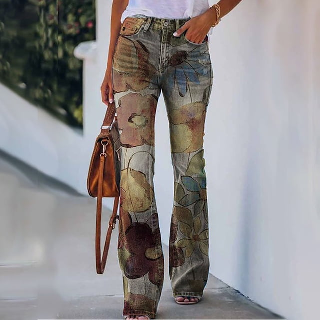 ICHUANYI Clearance Womens Elastic Waist Stretch Buttons Printing Thin Stretch Skinny Pants Trousers(Yellow, L) ICHUANYI WER2023081100328