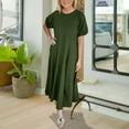thumbnail image 2 of Ecqkame Women's Spring Summer Casual Loose Dresses Crew Neck Short Sleeve Solid Color Ruffled Flowy Long Dress Green M, 2 of 6