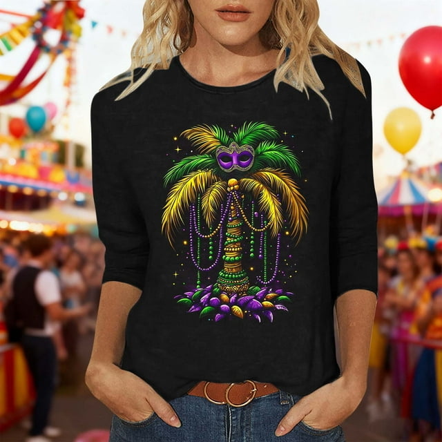 Xuyuer Carnival 2025 Womens 3/4 Sleeve Tops Mardi Gras and Costumes Fashion Round Neck Printed Blouse