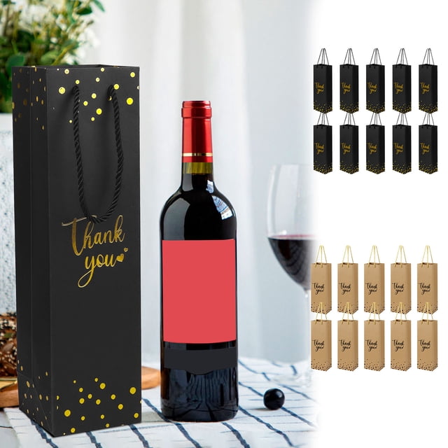 Xihbxyly Bolsas de Regalo para Vino, Diseño de Lámina Dorada Metálica, Papel Kraft Resistente, Asa de Cuerda Portátil, Perfectas para Navidad, Bodas y Cumpleaños, Paquete de 10, Tamaño 36 X 12 X 9 Cm