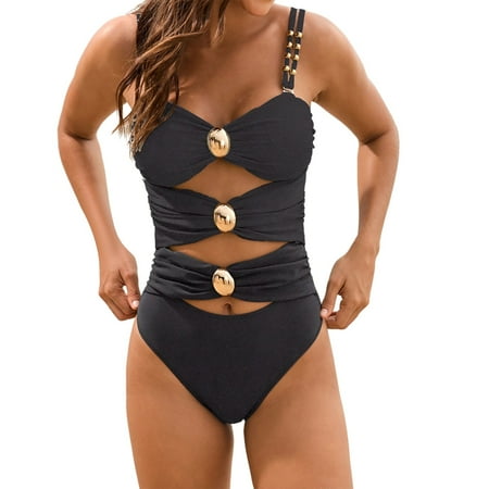 QIJIE Women s Cut Out Colorblock One Piece Swimsuit Ruched Swimwear Bathing Suit Black S