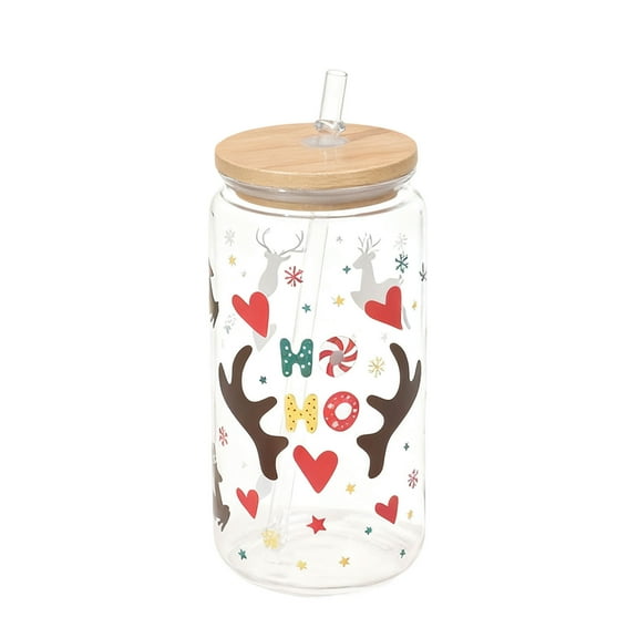nTRIUQJ Christmas Glass Cups 16oz Iced Coffee Cups with Lids and Straws Drinking Glasses Cups Decor Glass Water Bottles Gift for Women Kids Men Cute Drinking Can Jar, Tumbler Gifts White4