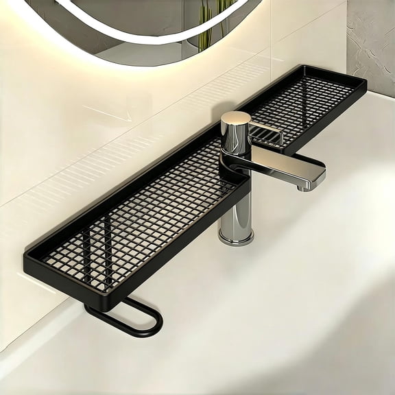 Faucet Storage Rack, No Drill Countertop Sink Organizer, Freestanding Bathroom Vanity Caddy with U-Shaped Cutout for Toiletries, Makeup and Skincare