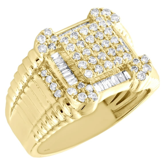 10K Yellow Gold Round & Baguette Diamond 15mm Square Pinky Ring Band 0.95 CT.