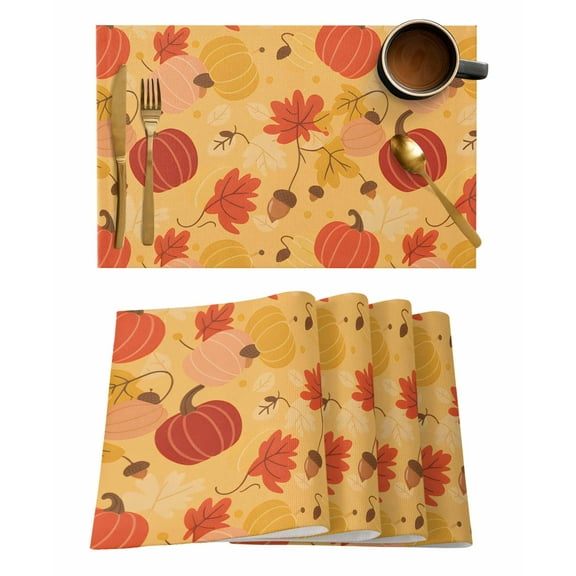 Thanksgiving Placemats Set of 8 Cartoon Pumpkin Maple Leaf Fall Heat Insulation Washable Place Mats, Rustic Non-Slip Table Mats for Dining Table Party Kitchen Decor,13x19 Inch