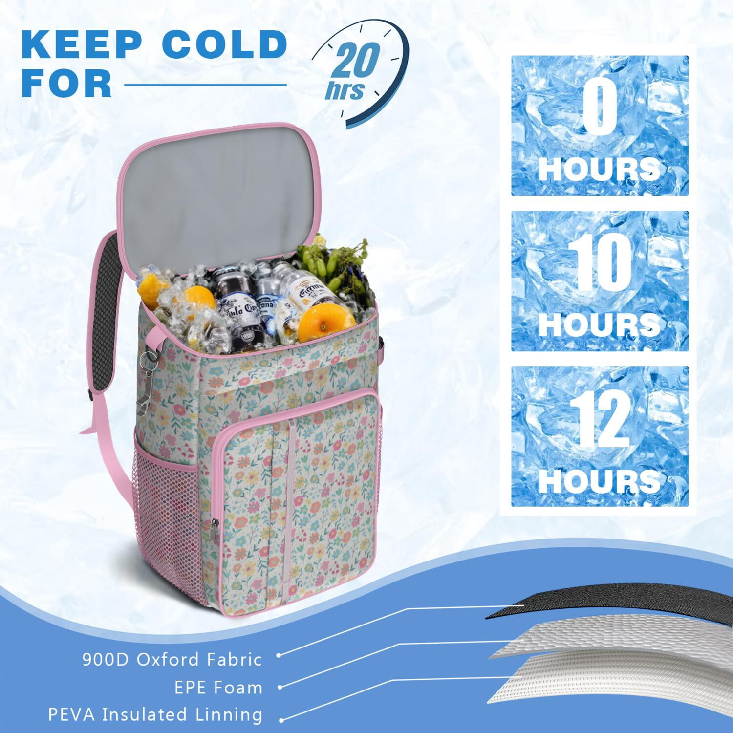Travel Cooler Bag - Pioneer Flower Camping Beer Cooler Backpack with Bottle Opener- Waterproof Insulated Picnic Backpacks - Cooler Bag for Beach