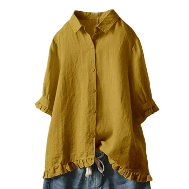 Bellella Women Shirts Ruffle Blouse Button Down Tops Casual Solid Color Tunic Shirt Holiday Yellow 4XL