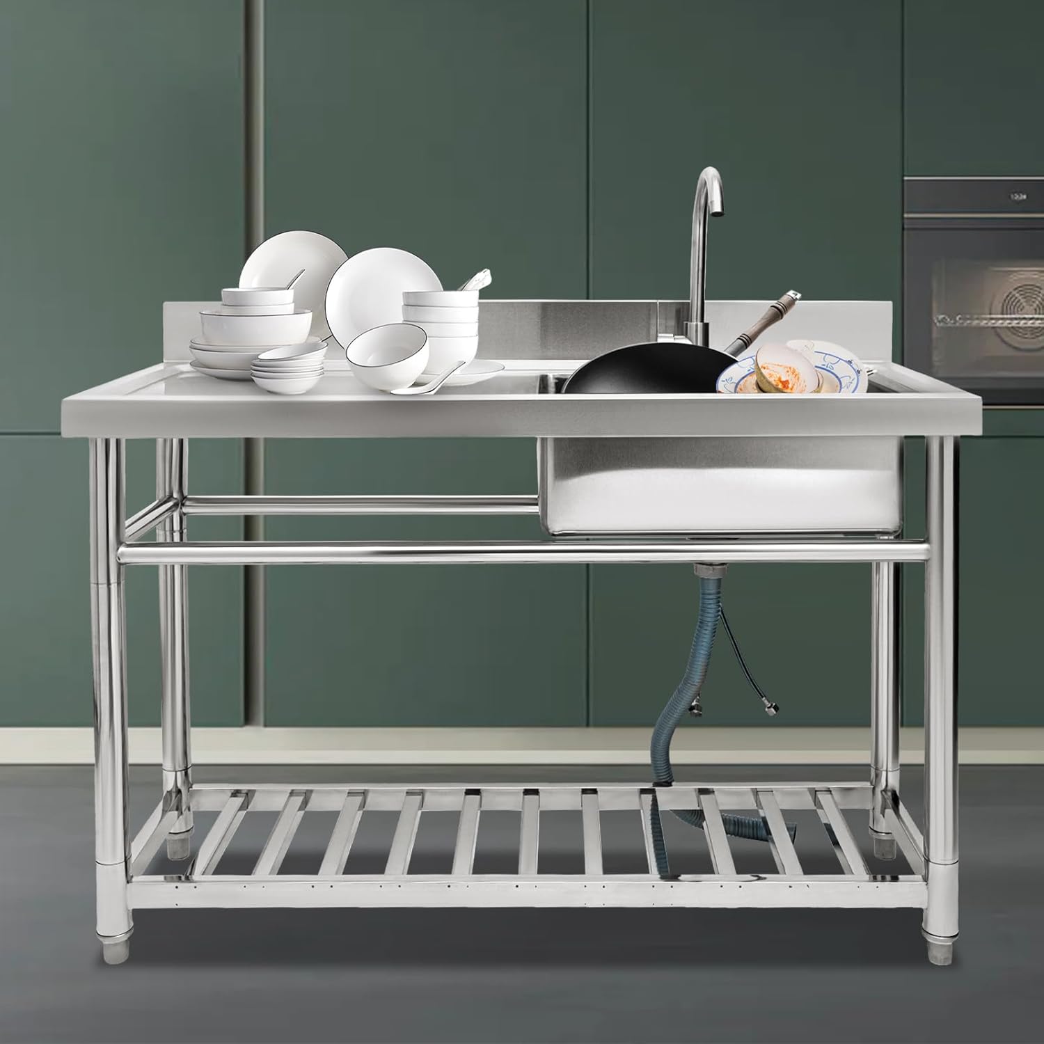 Utility Sink Free Standing Sink, Stainless Steel Sink, Feet Adjustable 0.39-1.18inch Commercial Laundry Sink for Garage, Restaurant