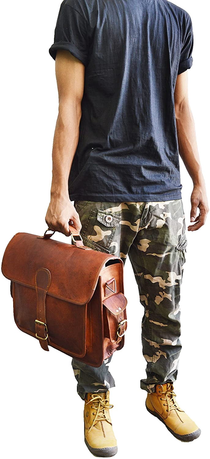 Jaald 16" Leather Messenger Bag Satchel Crossbody Laptop Briefcase Shoulder Bag Gift for Men Women Office Travel Side Purse