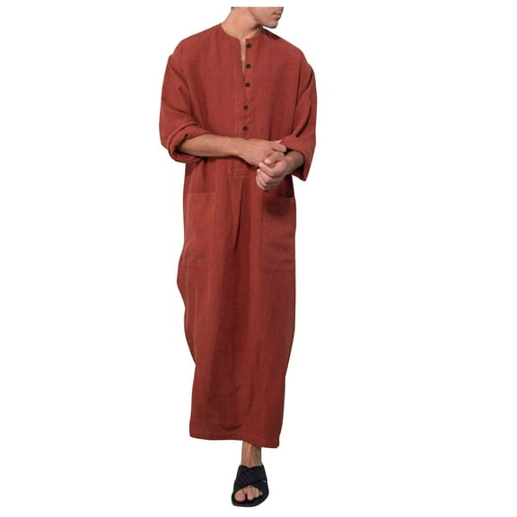 Spring Sale 2024！Hontri Muslim Dress Men Comfortable Blouse Topcoats Long Dresses Sleeve Men's Long Muslim Muslim Clothes Big And Tall Mens Arab Thobe Brown,L