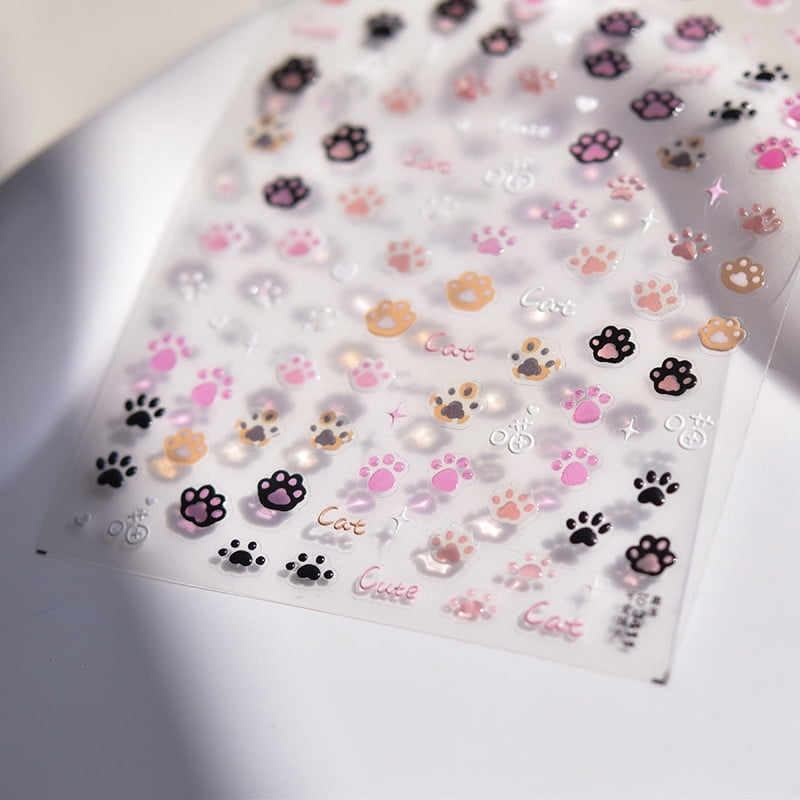 Cute Jelly Pink Cat Paw Print Nail Sticker Kawaii Pink Black Cat Claw 5D Embossed Self-Adhesive Nail Art Sticker Nail Art Decal