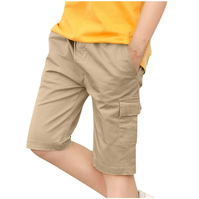 Shorts Cargo Garçon Grande Poche Coton Quotidien Décontracté Enfants Ceinture Élastique Cordon Doux Randonnée Extérieure