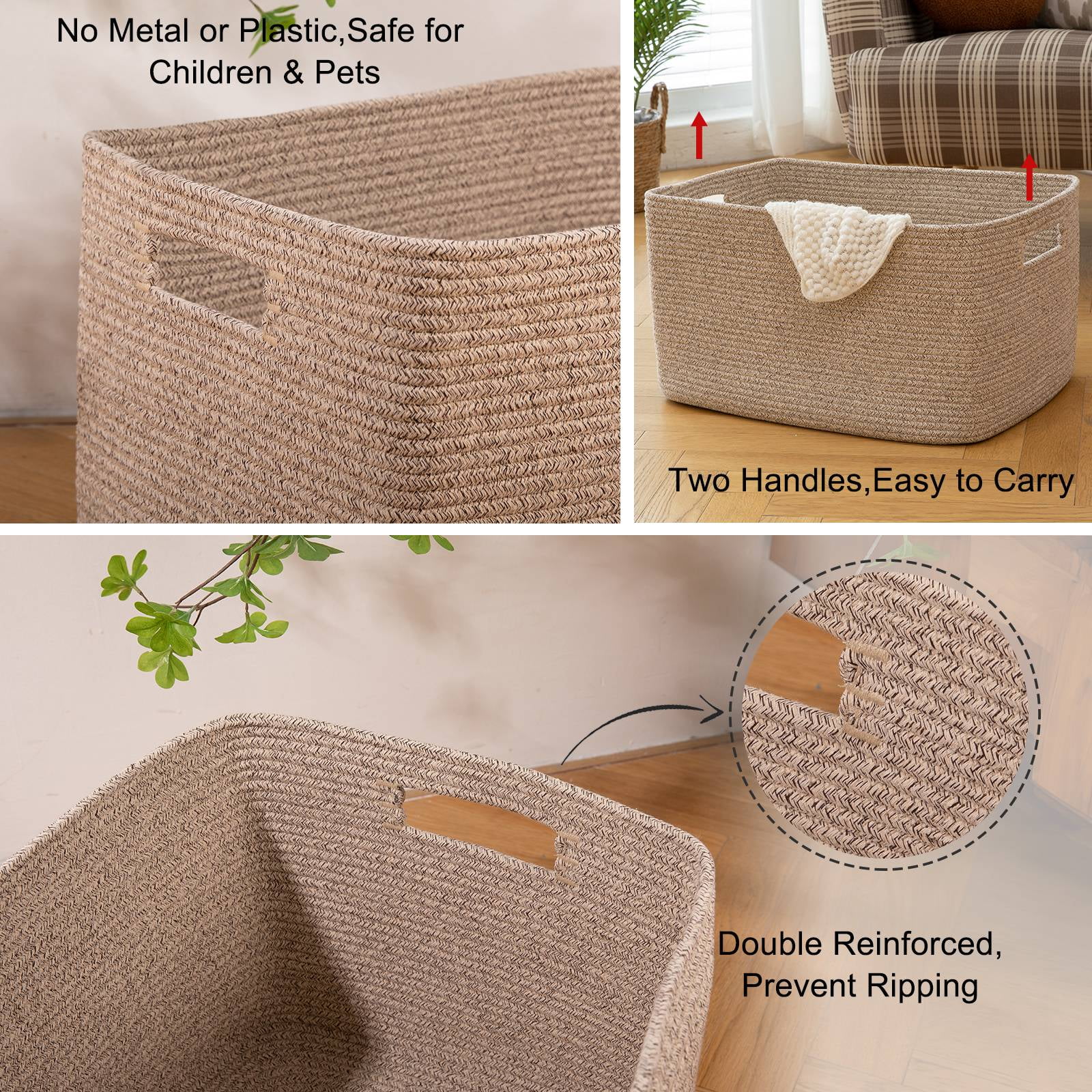 CHERISHGARD 70L Large Laundry Basket, Rectangle Cotton Rope Storage Baskets, Cotton Rope Basket with Handles