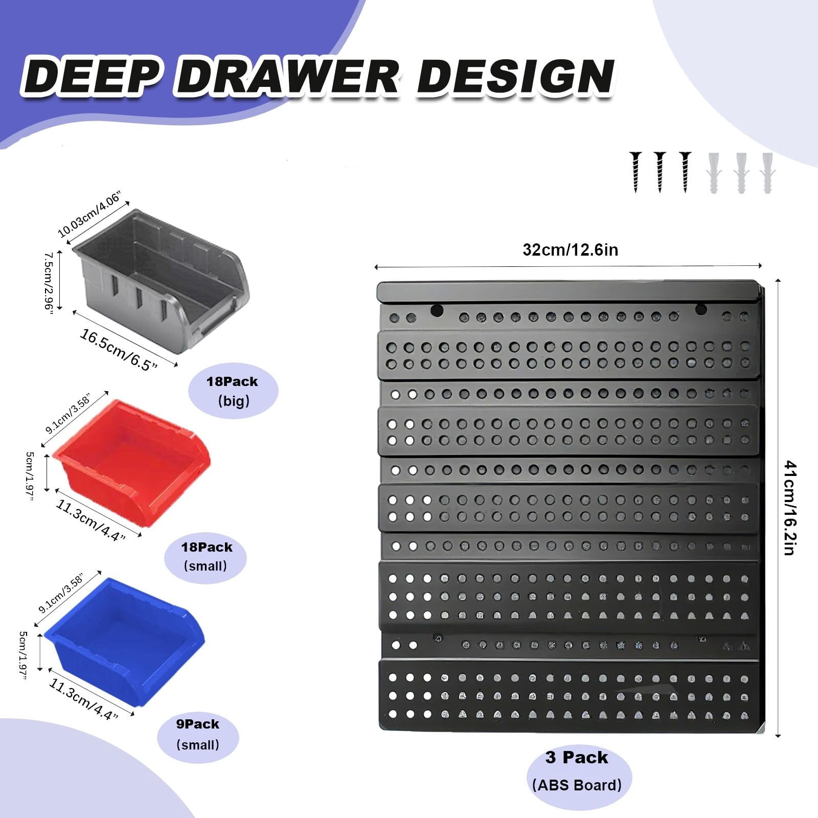 45 PCS Wall Mounted Storage Bins Organizer, Plastic Nuts & Bolts Organizer with Pegboard, Stackable Screw & Nail Storage Rack for Garage, Workshop, Craft & Hardware Parts (Black,Yellow,Gray,Blue)