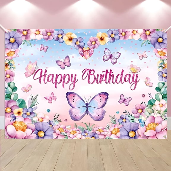 LAMIRO Butterfly Birthday Backdrop Butterfly Happy Birthday Banner for Women Kids Girl Pink Purple Butterfly Birthday Party Decorations Supplies Spring Theme Background Photo Props 5x3ft