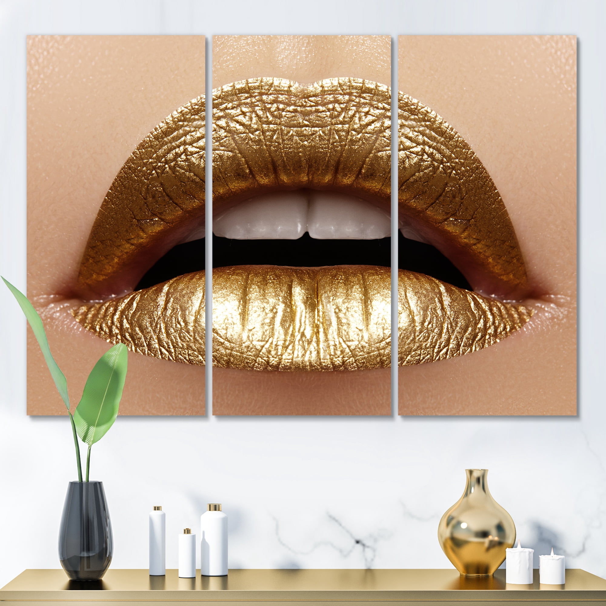 Designart ' Close Up of Woman Plump Lips With Golden Lipstick ' Modern Canvas Wall Art Print