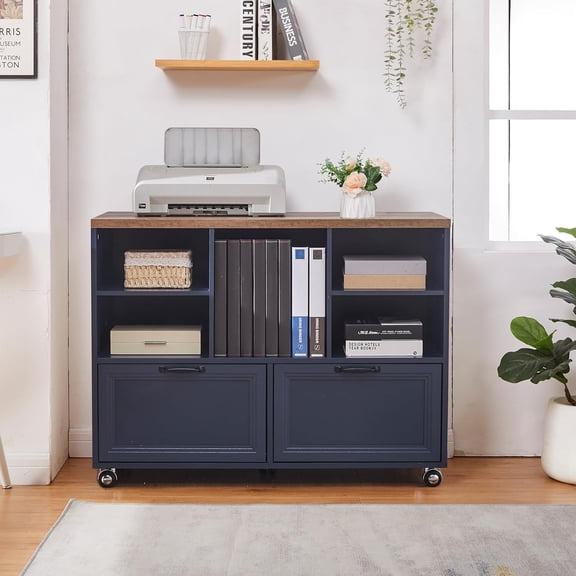 39.3" Farmhouse Wood File Cabinet with Wheels,Small Home Office Storage,Rolling File Cabinet with 2 Drawers for Legal/Letter/ A4 Size (Blue)