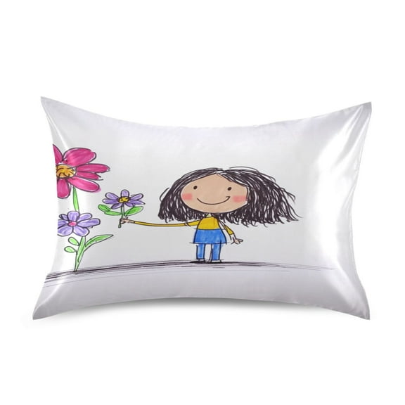Girl and Flowers Satin Pillowcase 20''x26'' Double-Sided Print Soft Wrinkle Resistant