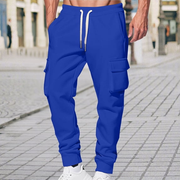 Jessboyy Mens Cargo Sweatpants with Pockets Comfy Warm Fleece Lined Joggers Pants Drawstring Elastic Waist Workout Casual Cargo Pants Blue,XXL