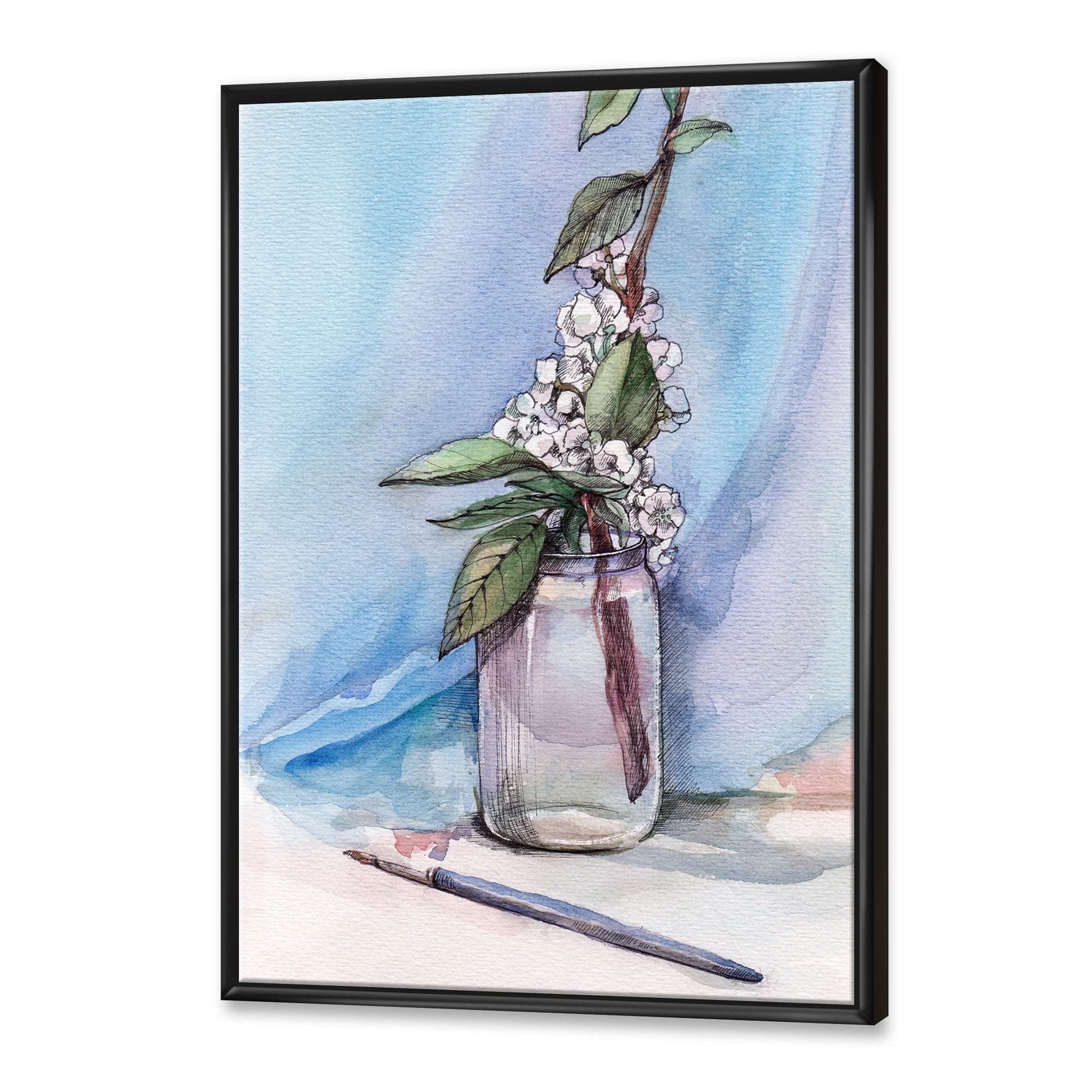 Designart 'Cherry Blossom Flowers In Glass Jar' Farmhouse Framed Canvas Wall Art Print