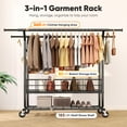 thumbnail image 2 of HOKEEPER 625lbs Heavy Duty Double Clothing Garment Rack with Shelves and Metal Basket Clothing Racks on Wheels Rolling Clothes Rack for Hanging Clothes Commercial Grade Black, 2 of 9