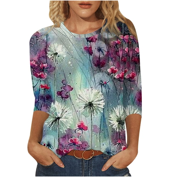 Moda mujer cuello redondo tres cuartos 3/4 manga camiseta otoño estampado blusa Tops sudadera Fridja FKASFK3044