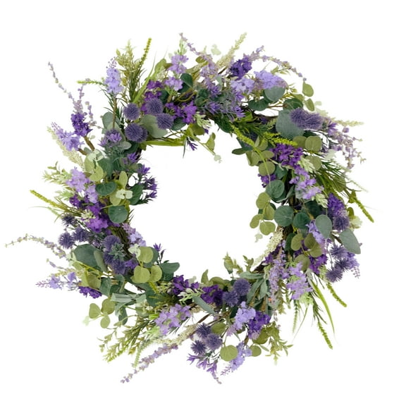 Puleo International 24" Artificial Echinops Floral Spring Door Wreath, Green/Purple