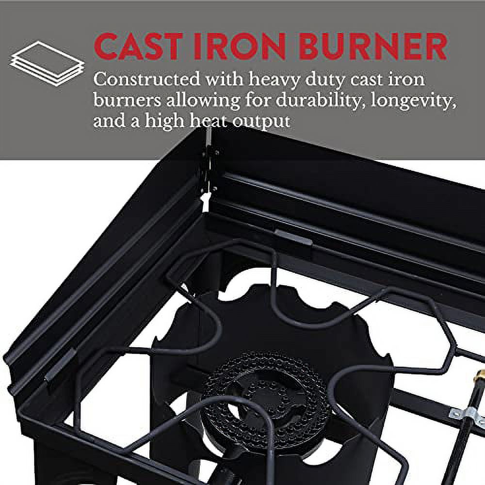 Gas One Two Burner Propane Camp Stove, Two 75,000BTU Cast Iron Burners with Windscreen Outdoor High Pressure Propane Double Burner - image 4 of 8