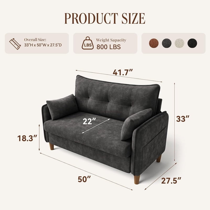 50" Loveseat Couch with Tufted Design, Space-Saving Love Seat Sofa for Small Spaces Living Room Bedroom Home and Apartment, Dark Grey
