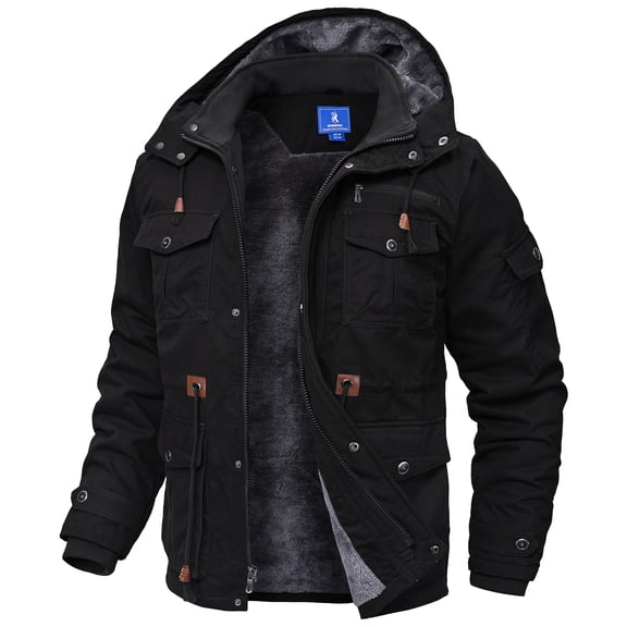 Lavenicole Winter Jackets for Men Fleece Lined Cotton Outdoor Winter Cargo Coats with Multi Pockets Black L